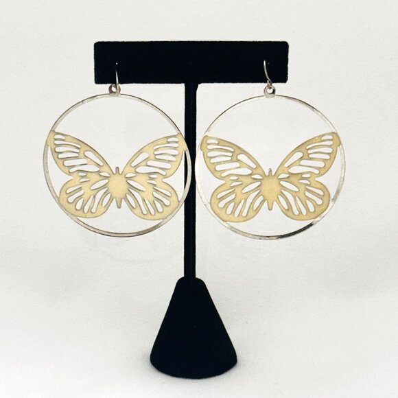 Vintage Enameled Large Hoop Butterfly Earrings - Silver Tone - 2 Inches - Picture 1 of 4
